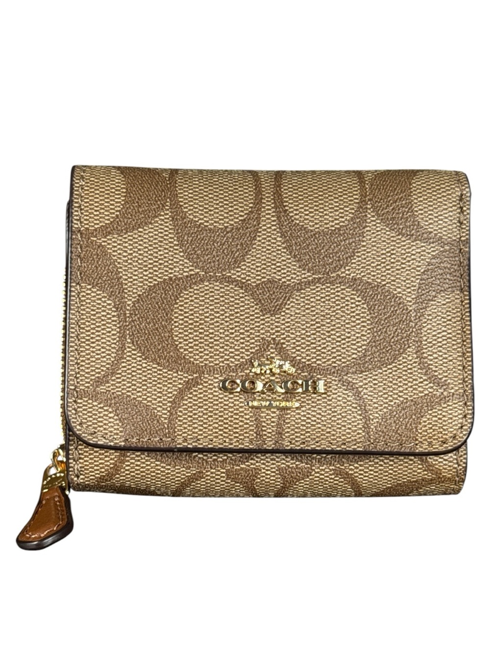 COACH Small Tri-Fold Wallet in Khaki and Gold Signature Coated Canvas